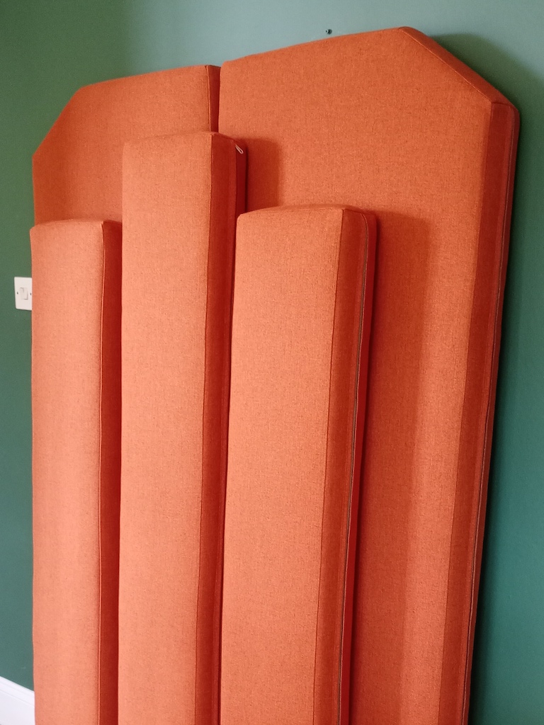 Side view of campervan cushions in Koki Burnt from Warwick Fabrics