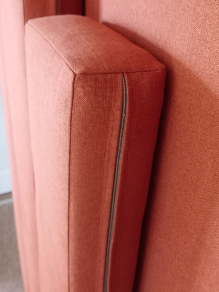 Zip and corner detail of campervan cushions in Koki Burnt from Warwick Fabrics
