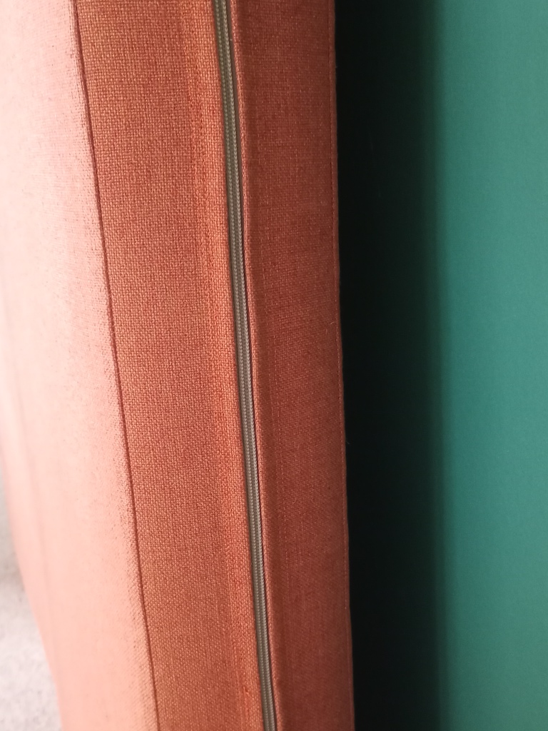 Zip detail of campervan cushions in Koki Burnt from Warwick Fabrics