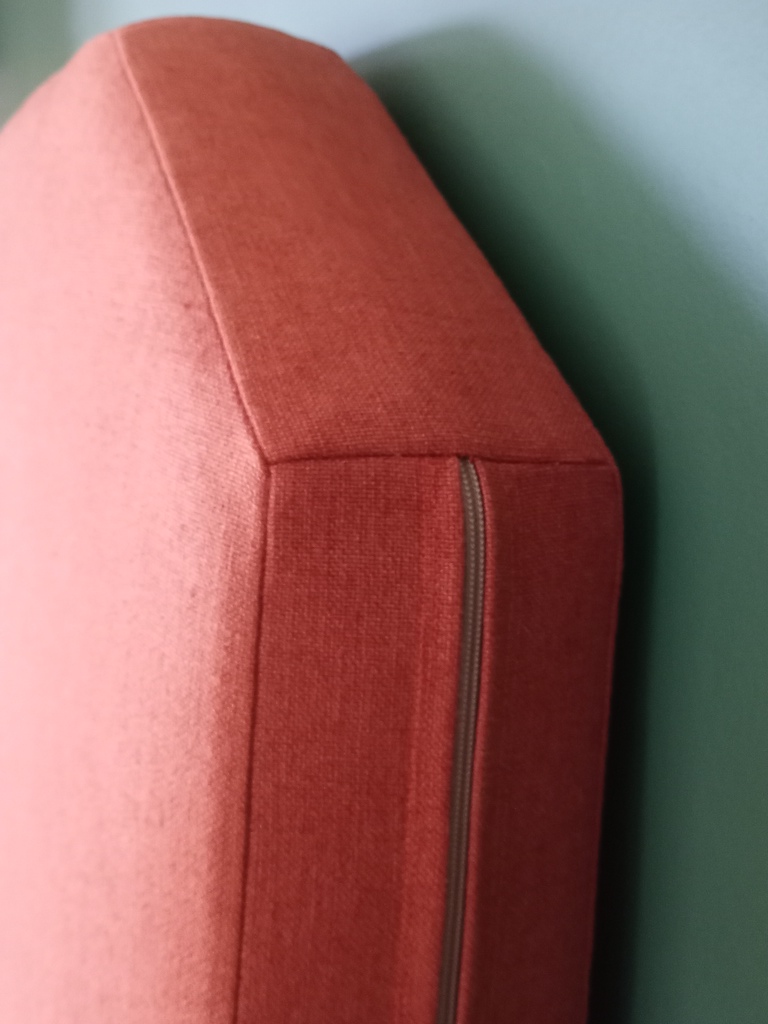 Zip and angled cutout detail of campervan cushions in Koki Burnt from Warwick Fabrics