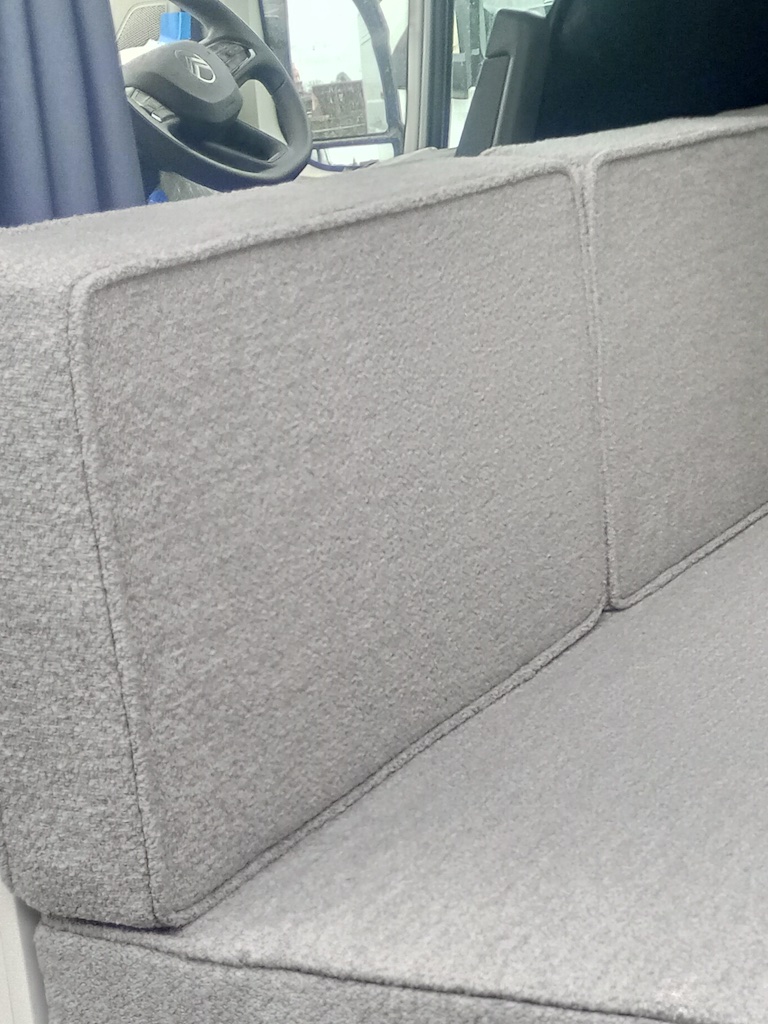 Warwick Fabrics, Everest Steel boucle campervan seating installed in a van LHS