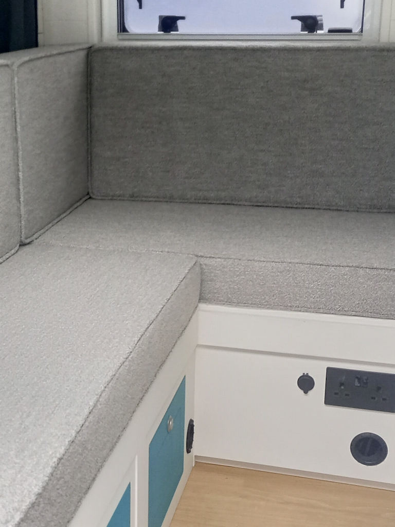 Warwick Fabrics, Everest Steel boucle campervan seating installed in a van RHS