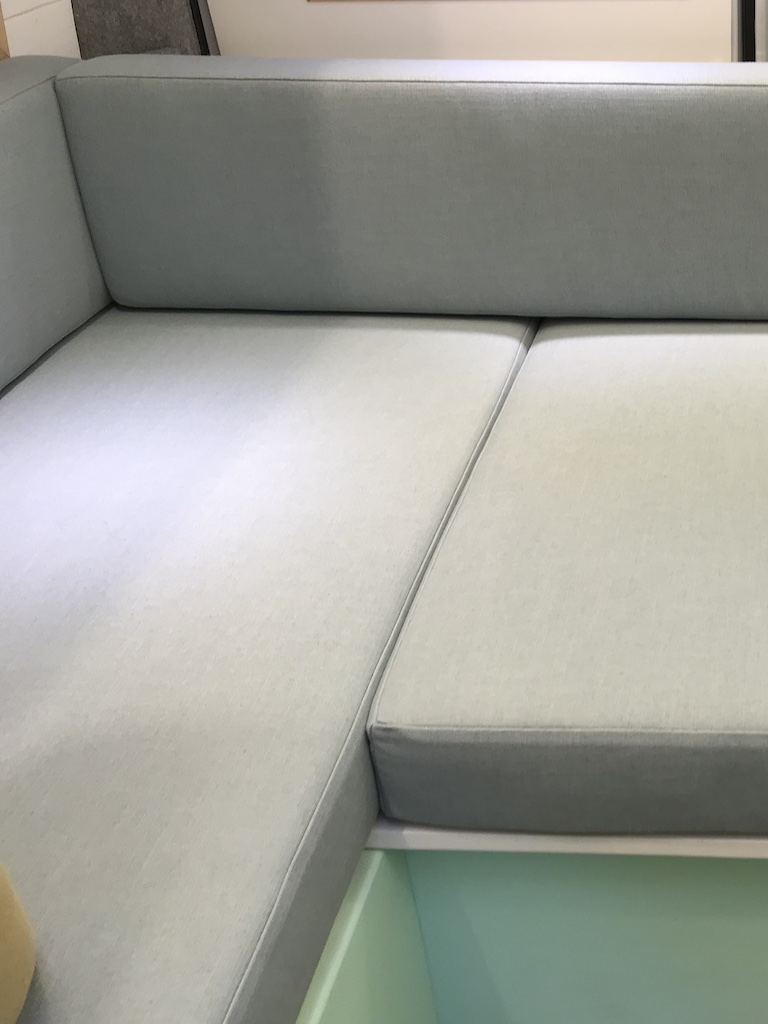Campervan seat arrangement of cushions covered in Koki Powder from Warwick Fabrics LHS