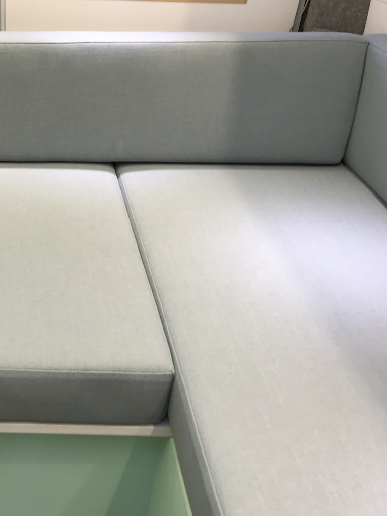 Campervan seat arrangement of cushions covered in Koki Powder from Warwick Fabrics RHS
