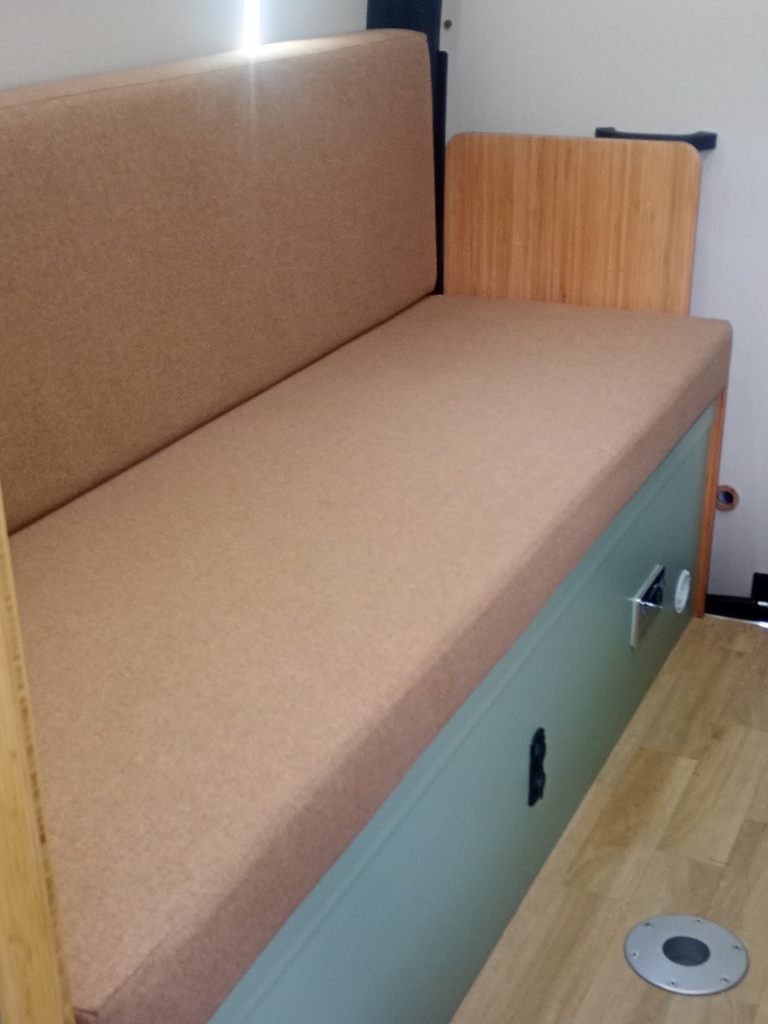 Campervan bench seat arrangement upholstered in soft, durable Cristina Marrone Sonata Tawny LHS